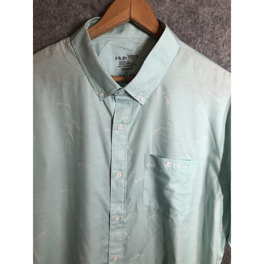 Huk Shirt Mens Large Green Button Down Vents Fishing Stretch Performance